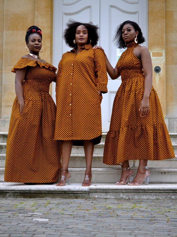 Mustard Yellow African Print Maxi Cape Dress With Pocket & Mustard Halter Maxi Print Dress