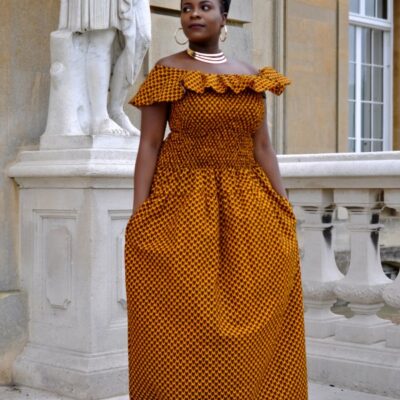 Mustard Bardot Maxi Print Dress
