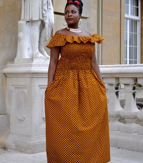 Mustard Bardot Maxi Print Dress