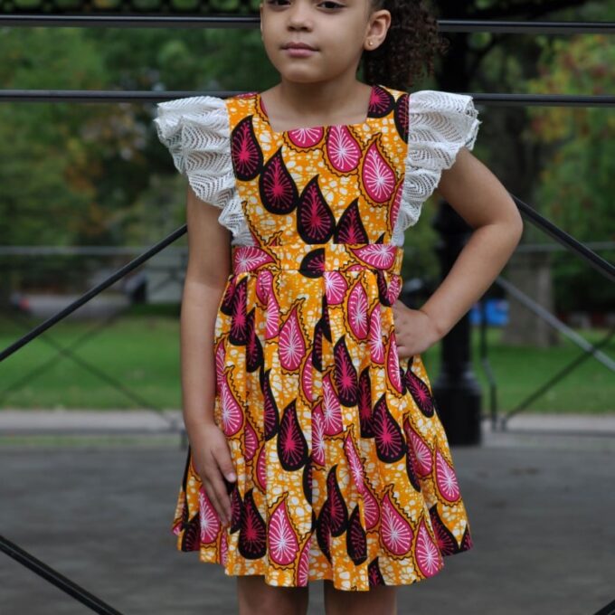 Girls size 5-7 years African print teardrop occasion dress with lace shoulder ruffle
