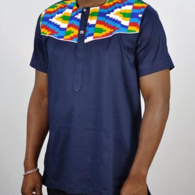 Navy Blue Polished Cotton & Kente Print shirt.