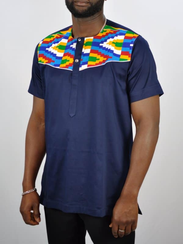 Navy Blue Polished Cotton & Kente Print shirt. - African Clothing Store ...
