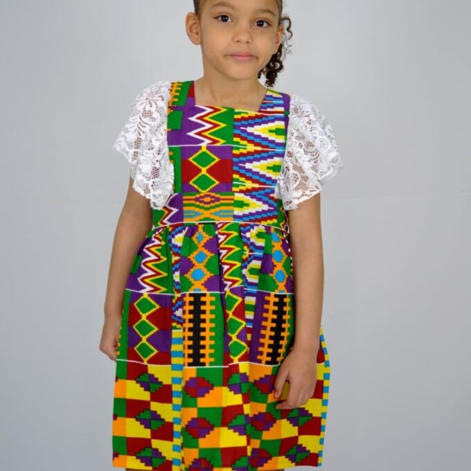 Kids African Print Kente Occasion Lace Trim Dress