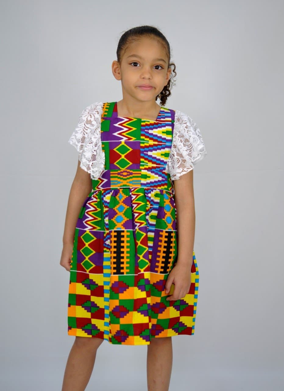 Kids African Print Kente Occasion Lace Trim Dress