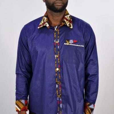 Blue Polished Cotton And Ankara Mix Smart Casual Shirt