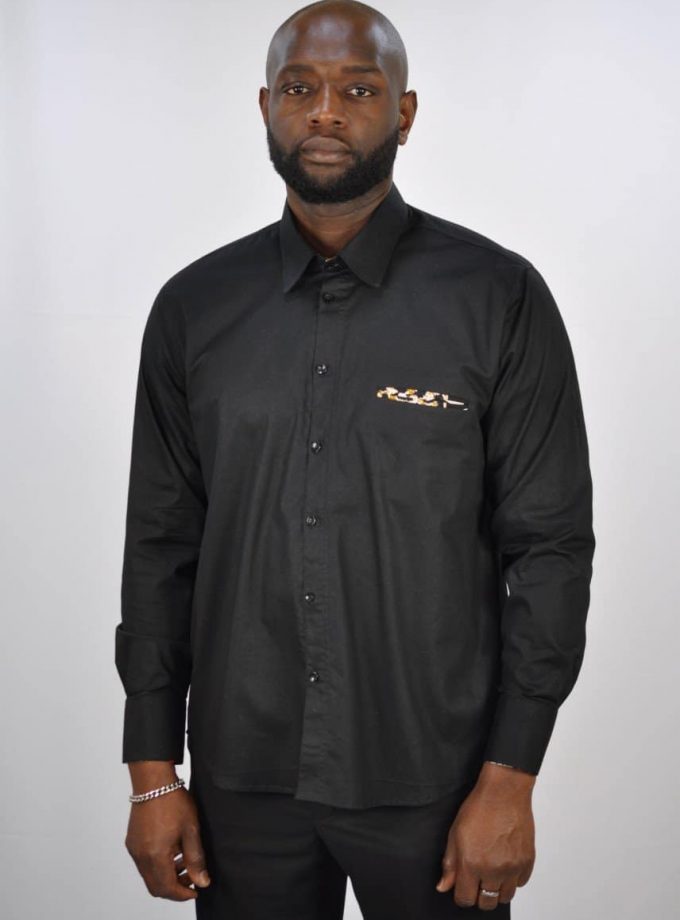 Black Polished Cotton And Kente Mix Smart Casual Shirt