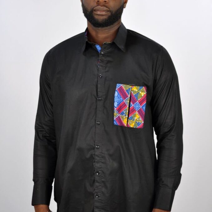 Kente Mixed Print Pocket Smart Casual Black Shirt Polished Cotton