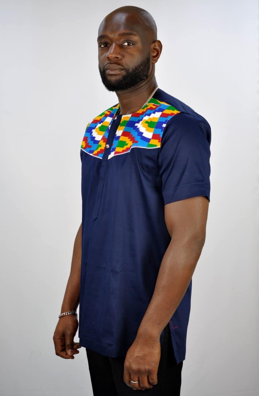 Navy Blue Polished Cotton & Kente Print shirt. - African Clothing Store ...