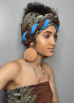 Blue African Print Head Wrap / Scarf & Earrings Gift Set