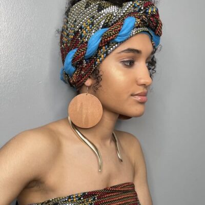Blue African Print Head Wrap / Scarf & Earrings Gift Set