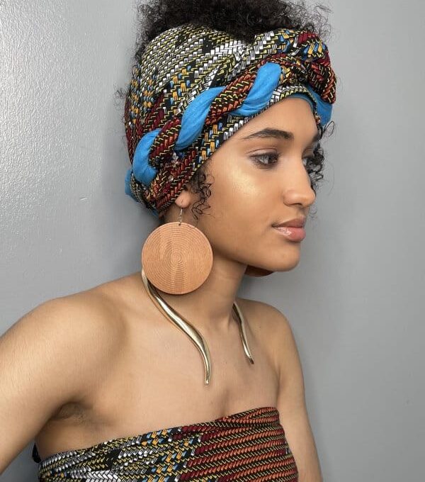 Blue African Print Head Wrap / Scarf & Earrings Gift Set