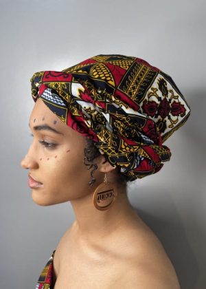 Red African Print Head Wrap / Scarf & Earring Set