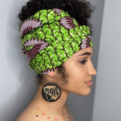 Green African Print Head Wrap & Earrings Gift Set - Close Image of Earrings