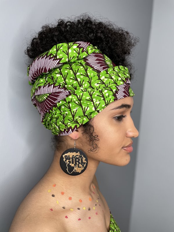 African Print Head Wrap/Scarf (Yellow Green Kente)