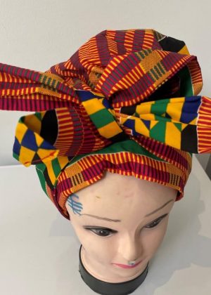 Orange Kente African Print Hair Bonnet With Belt