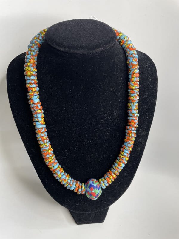 Blue & Orange Glass Bead Necklace Set - Image of Necklace