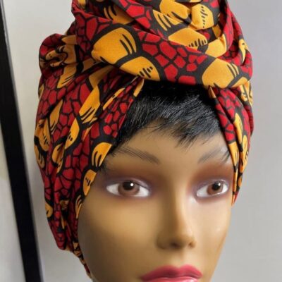 Red & Yellow African Print Knot Head Wrap Turban Front Image