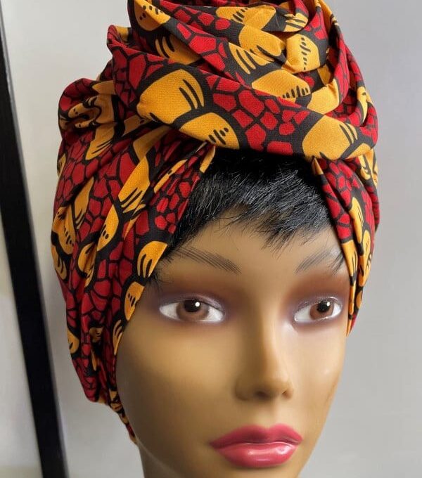 Red & Yellow African Print Knot Head Wrap Turban Front Image