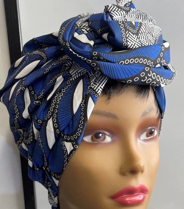 Blue & White African Print Knot Head Wrap Turban