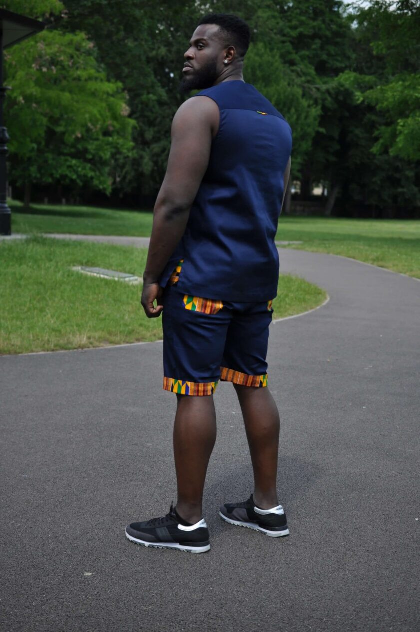 Blue & African Print Trim Short Pants Matching Set / Co-ord Image of Back & Side