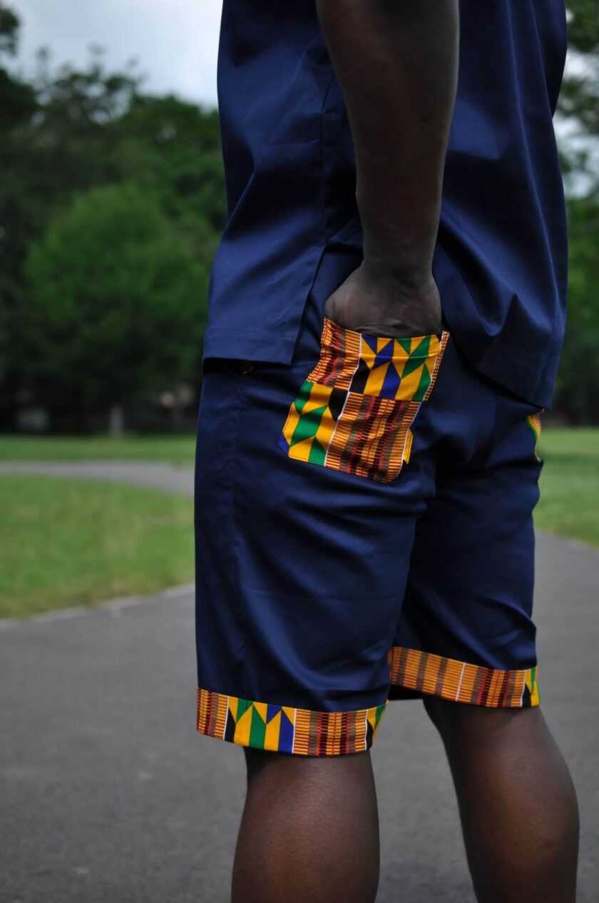 Blue & African Print Trim Short Pants Matching Set / Co-ord Close Image of Pocket