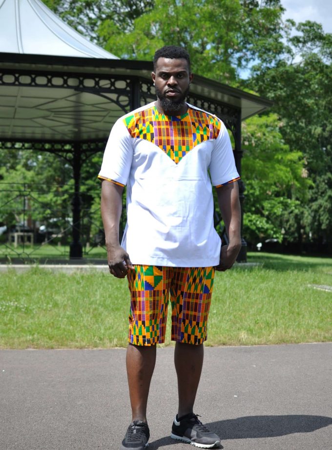 White & Kente Print Two Piece Short Matching Set from African Clothing Store. SKU: 19243
