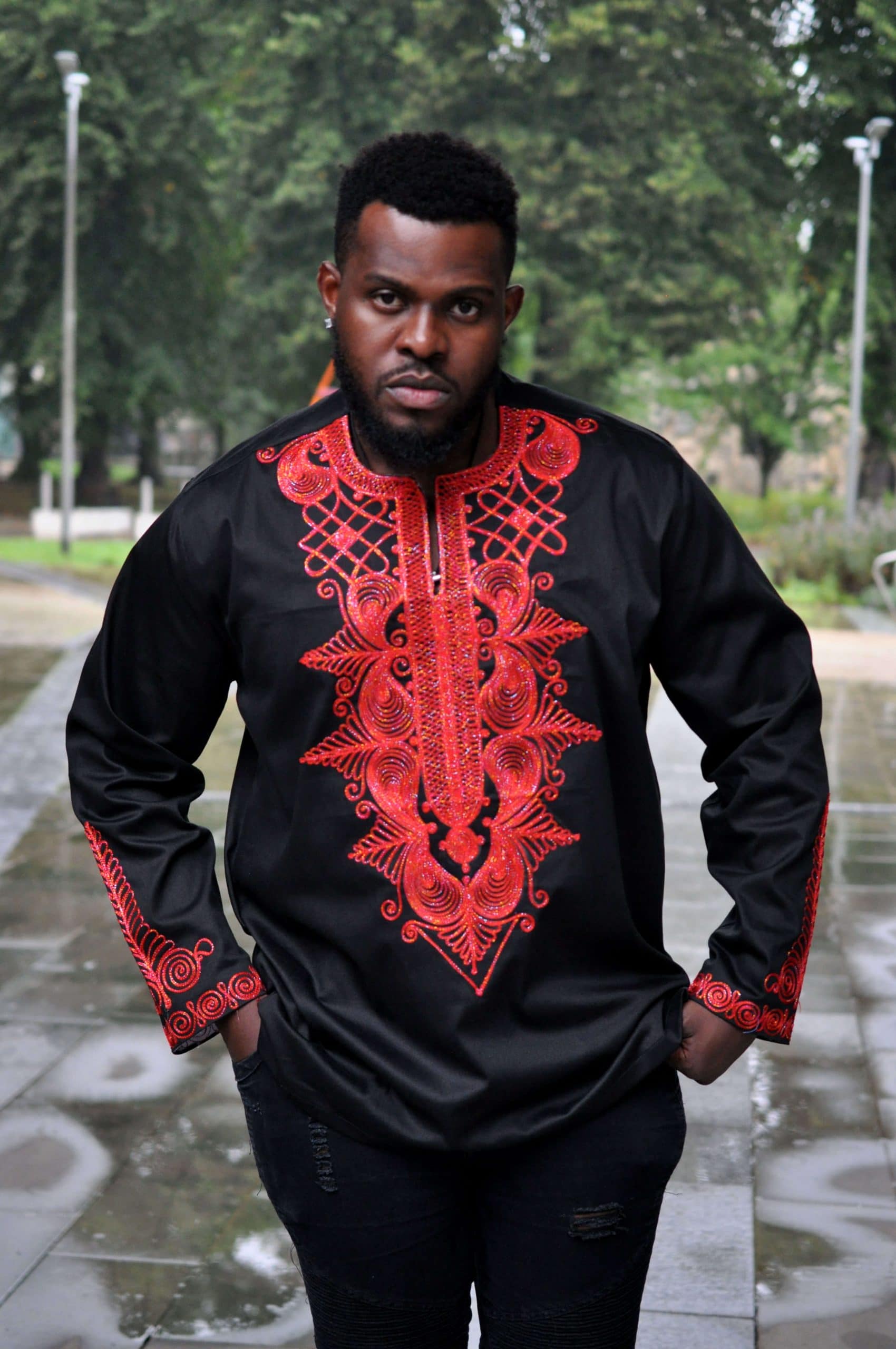 Adish Black & Red African Embroidery Shirt | African Clothing Store