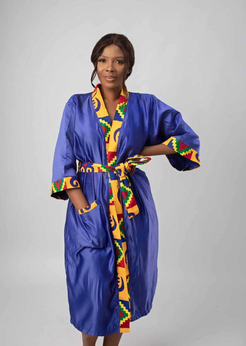 Blue & African Kente Print Satin Kimono Robe