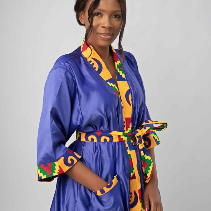 Blue & African Kente Print Satin Kimono Robe