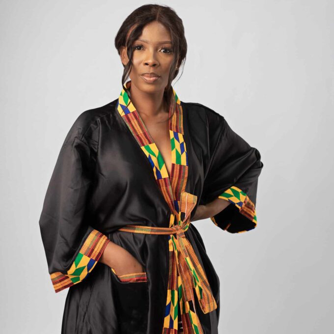Black & African Kente Print Satin Kimono Robe