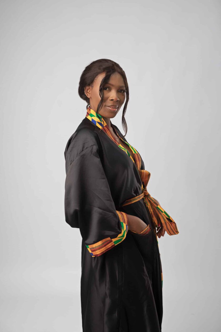Black & African Kente Print Satin Kimono Robe