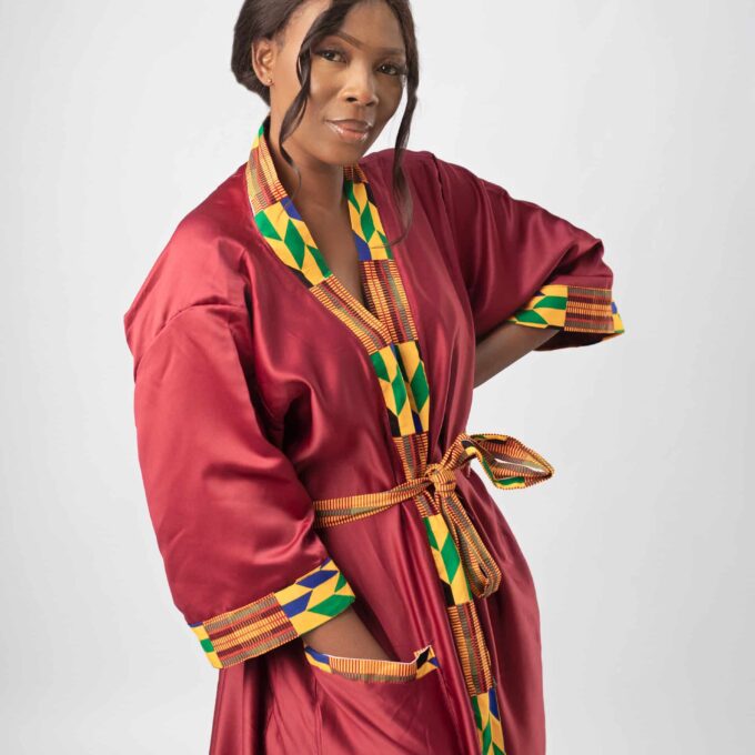 Maroon & African Kente Print Satin Kimono Robe