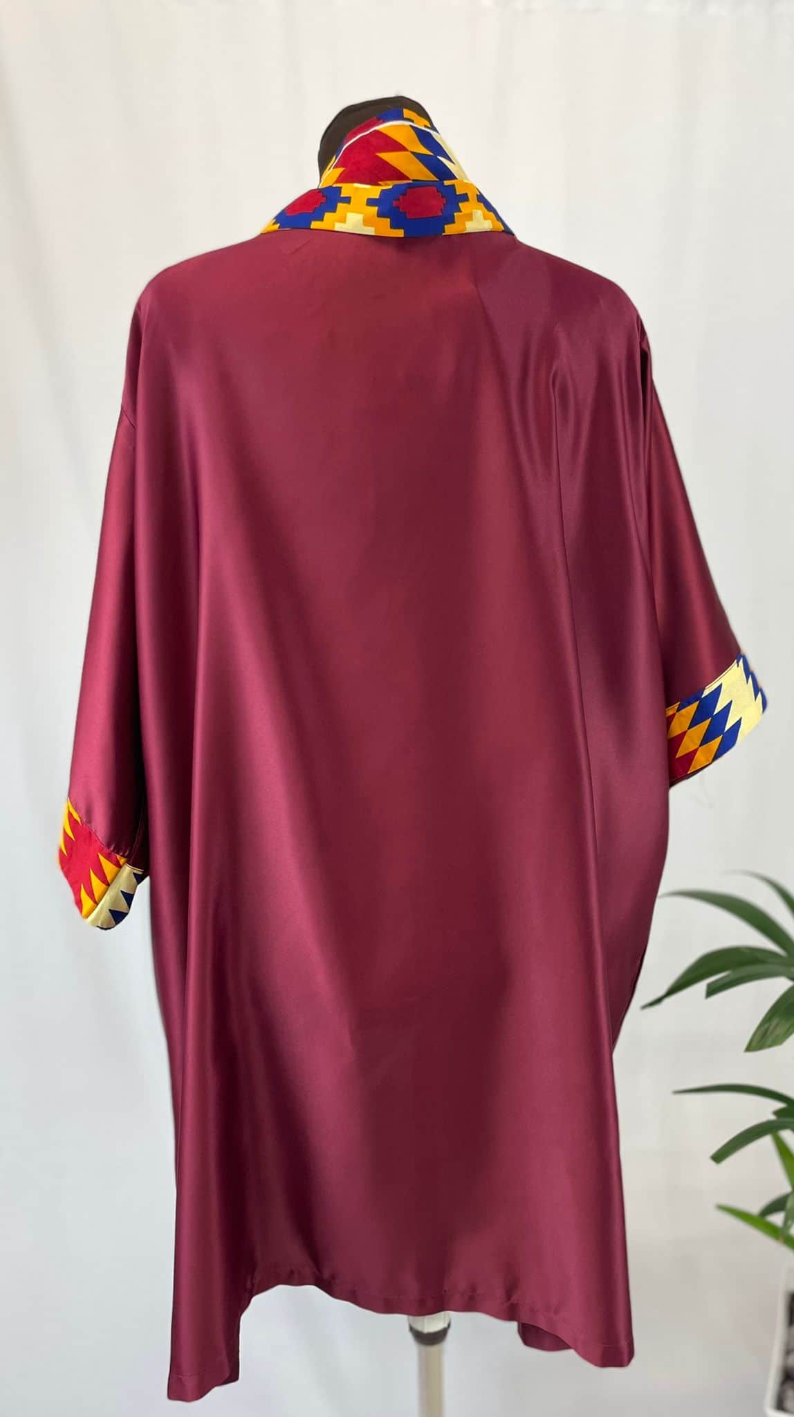 Maroon & African Kente Print Satin Kimono Robe African Clothing Store