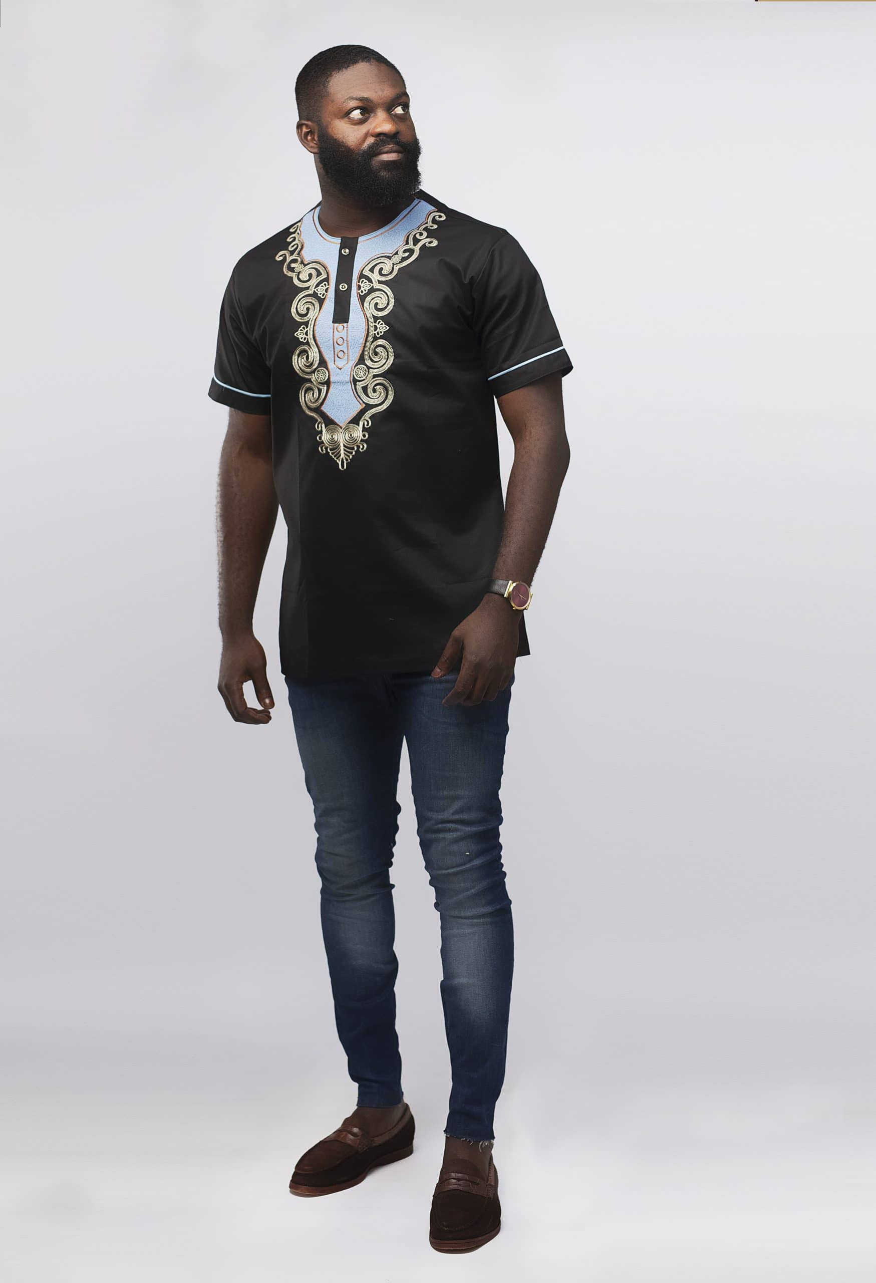side Moses Slim Fit Embroidered African Shirt