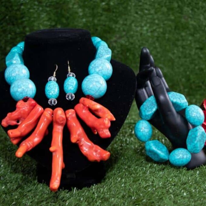 Blue & Orange Coral Earring & Bracelet Set