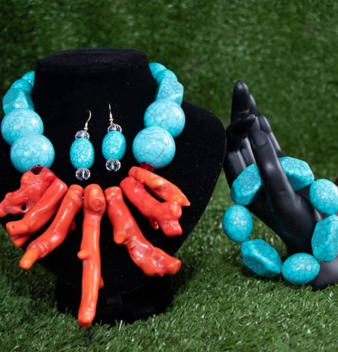Blue & Orange Coral Earring & Bracelet Set