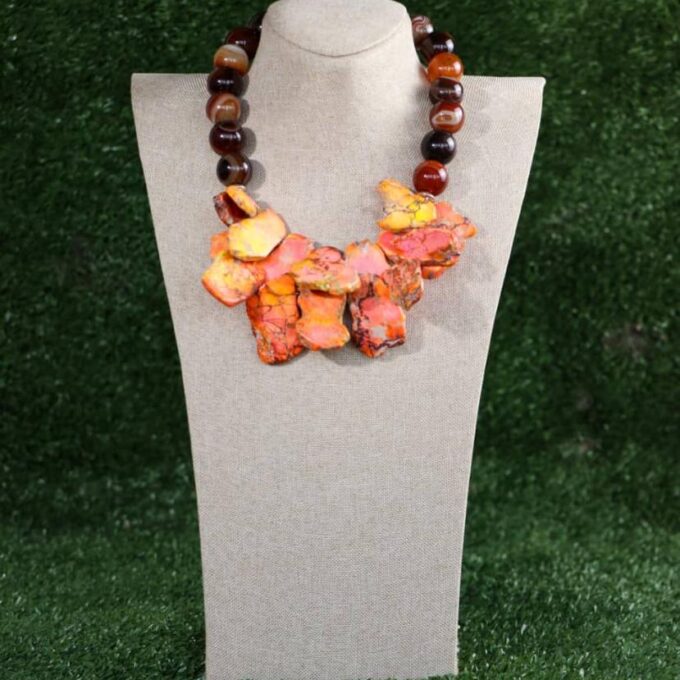 Brown Beaded Necklace With Orange Slates