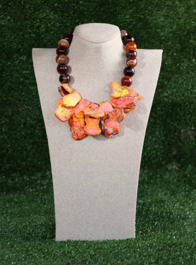Brown Beaded Necklace With Orange Slates