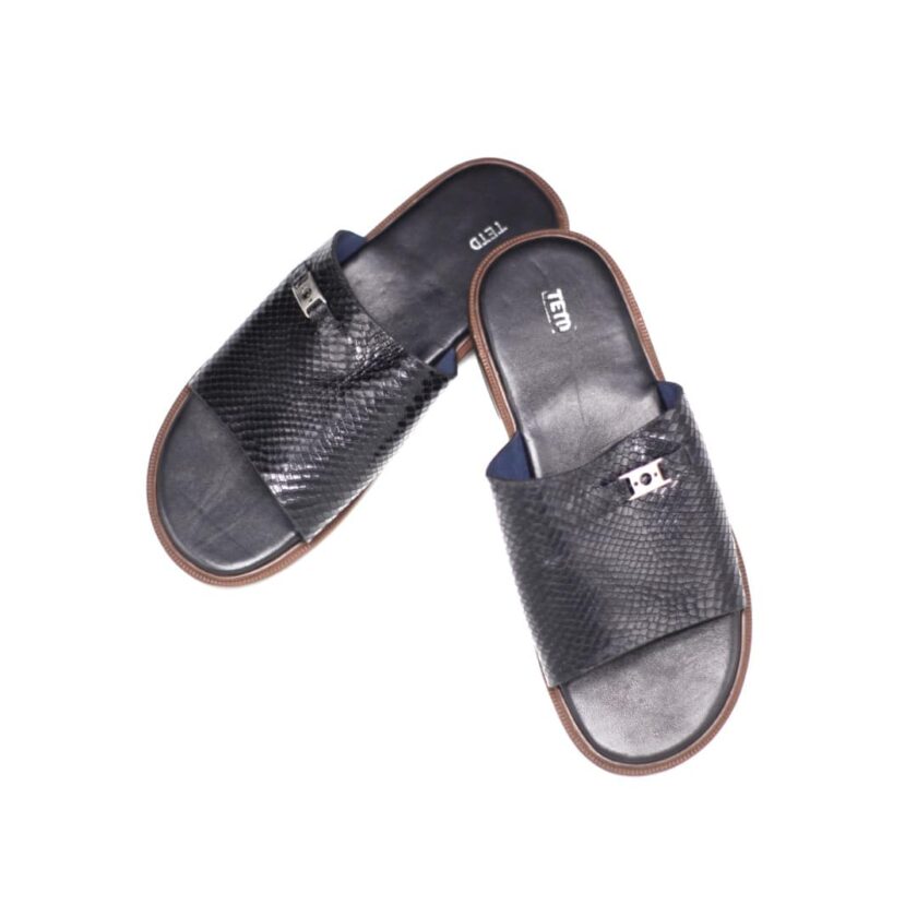 Shot of men's black leather slide sandals with open toe.