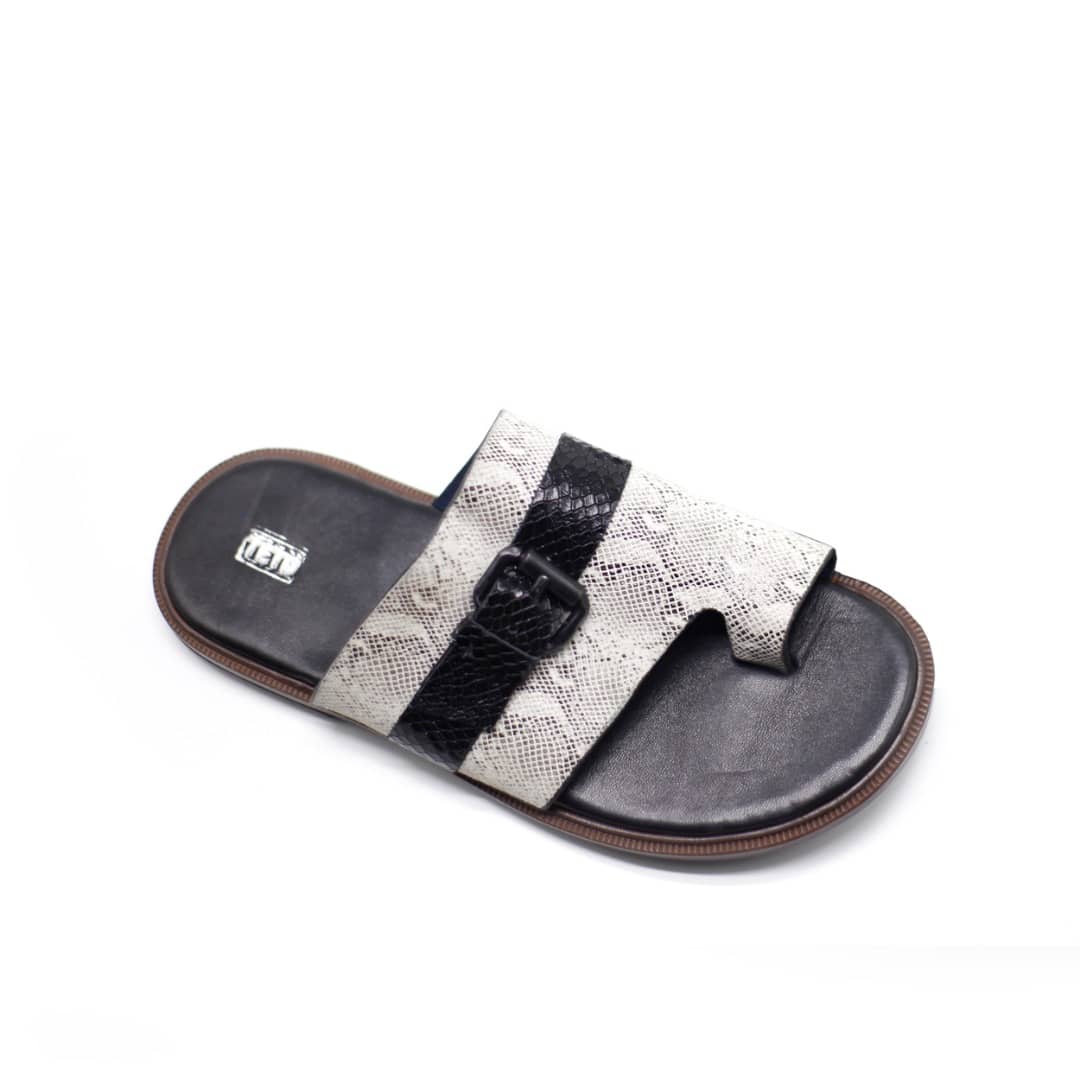 Taye Men's Black & White Snakeskin Style Buckle Slide Sandals