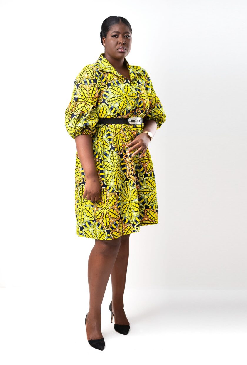 front Makeba Ankara African Print Shirt Style Mini Dress With Balloon Sleeves