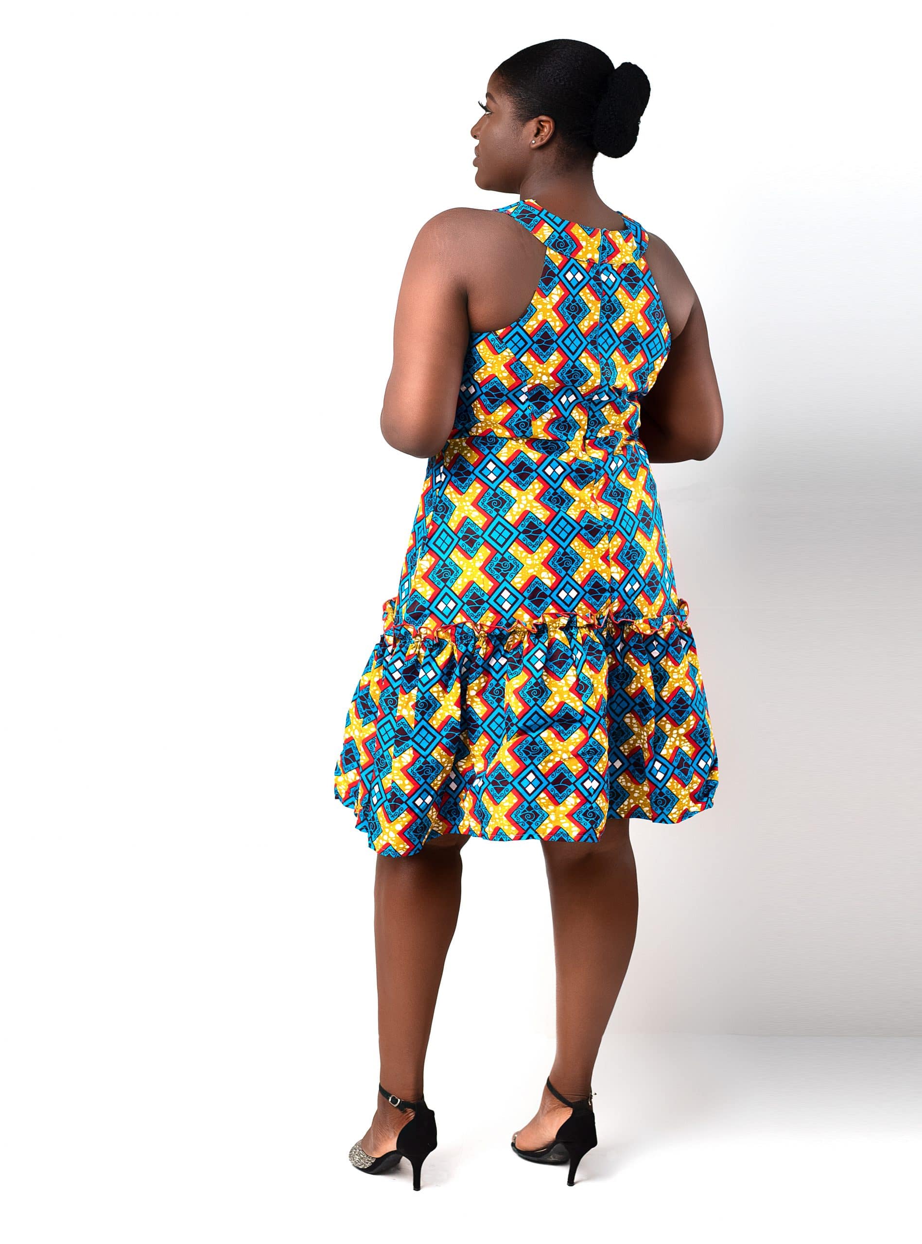 back Abdallah Ankara African Print Sleeveless Flared Hem Dress