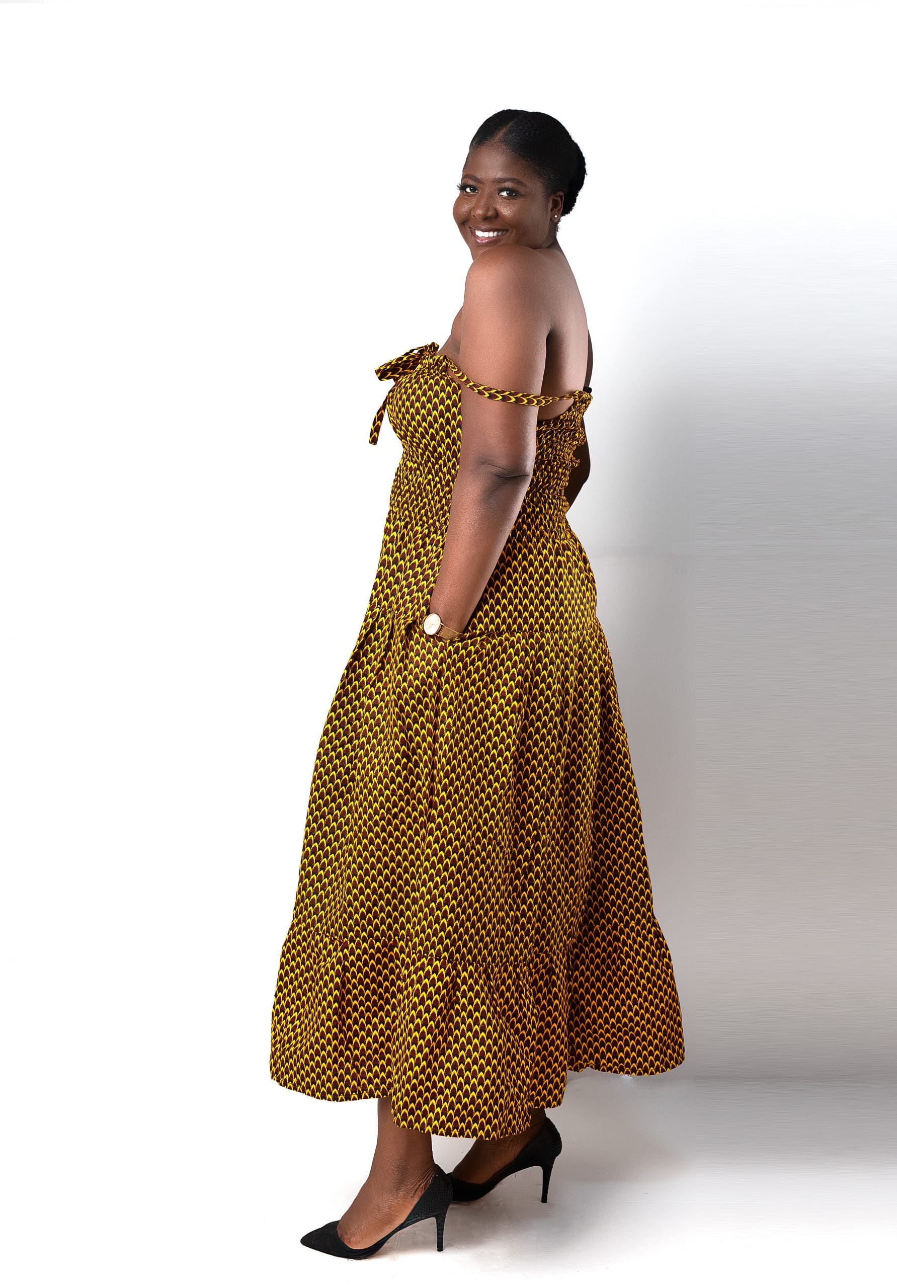 side Sibongile Yellow & Black Ankara Full Length Maxi Dress