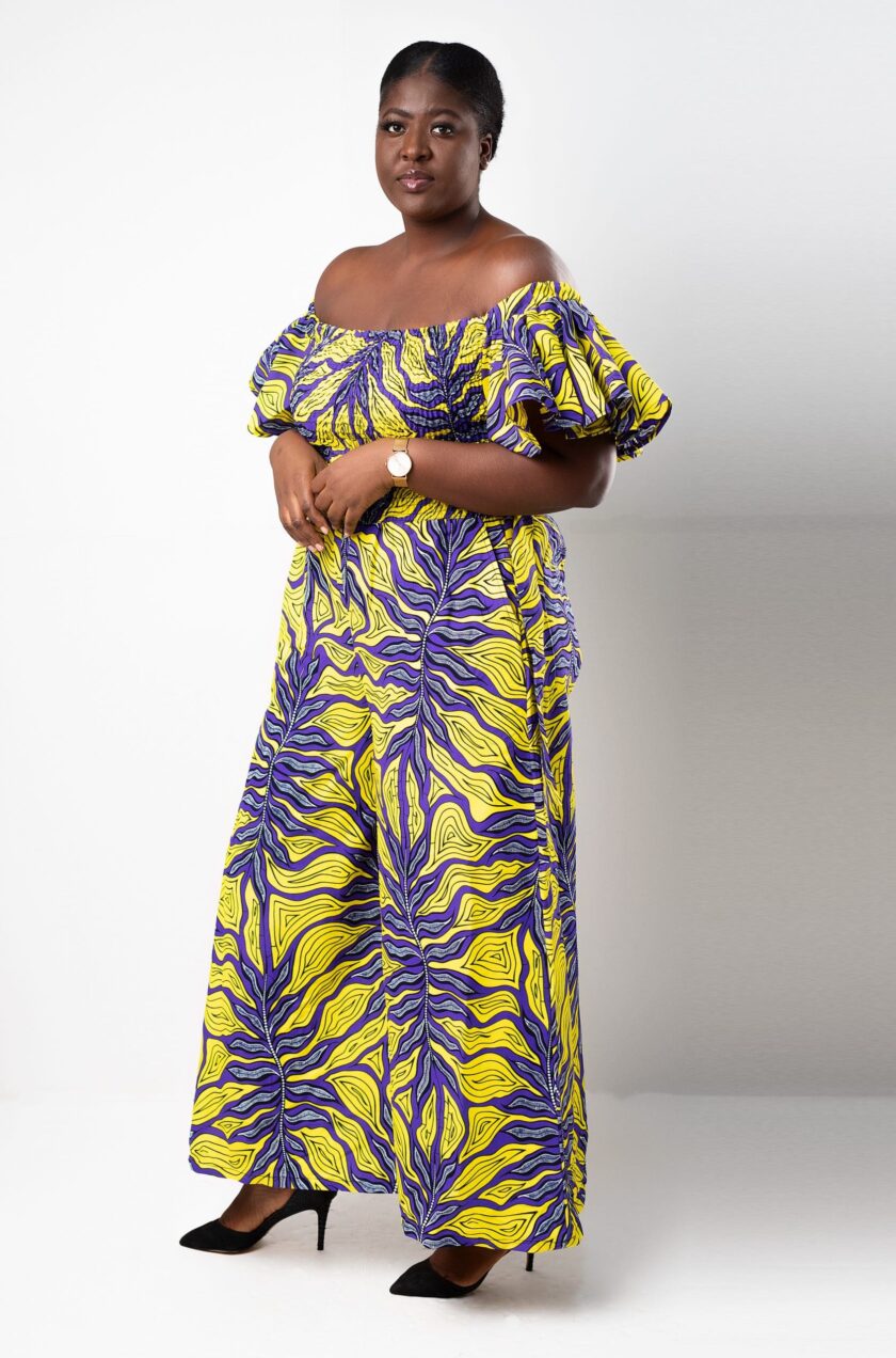 Mariama Yellow & Purple African Ankara Bardot Wide Leg Jumpsuit
