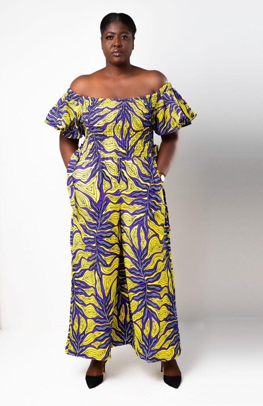 front Mariama Yellow & Purple African Ankara Bardot Wide Leg Jumpsuit