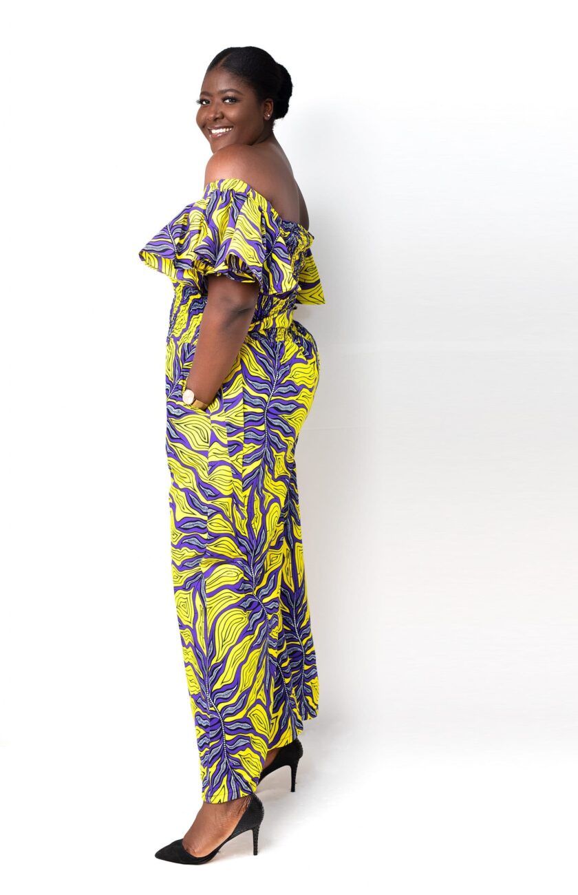 side Mariama Yellow & Purple African Ankara Bardot Wide Leg Jumpsuit