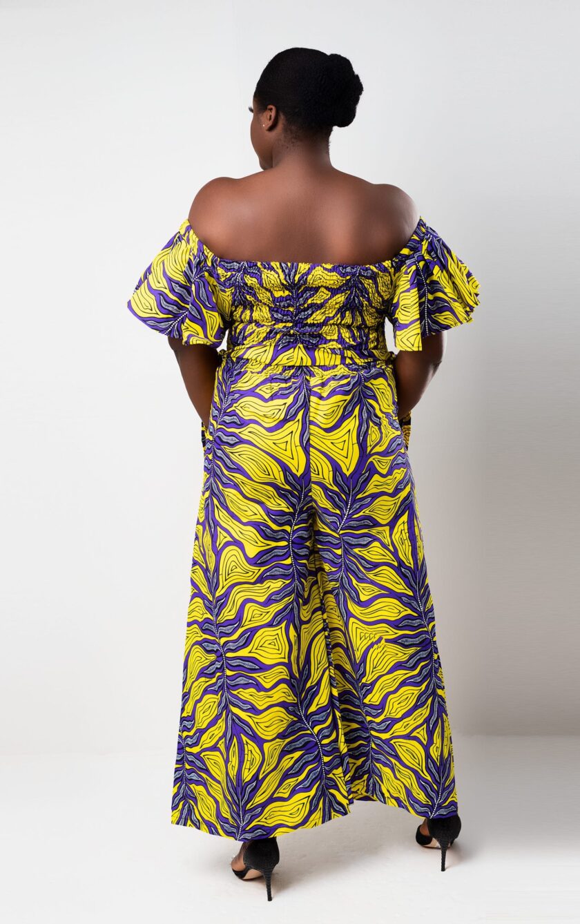 back Mariama Yellow & Purple African Ankara Bardot Wide Leg Jumpsuit