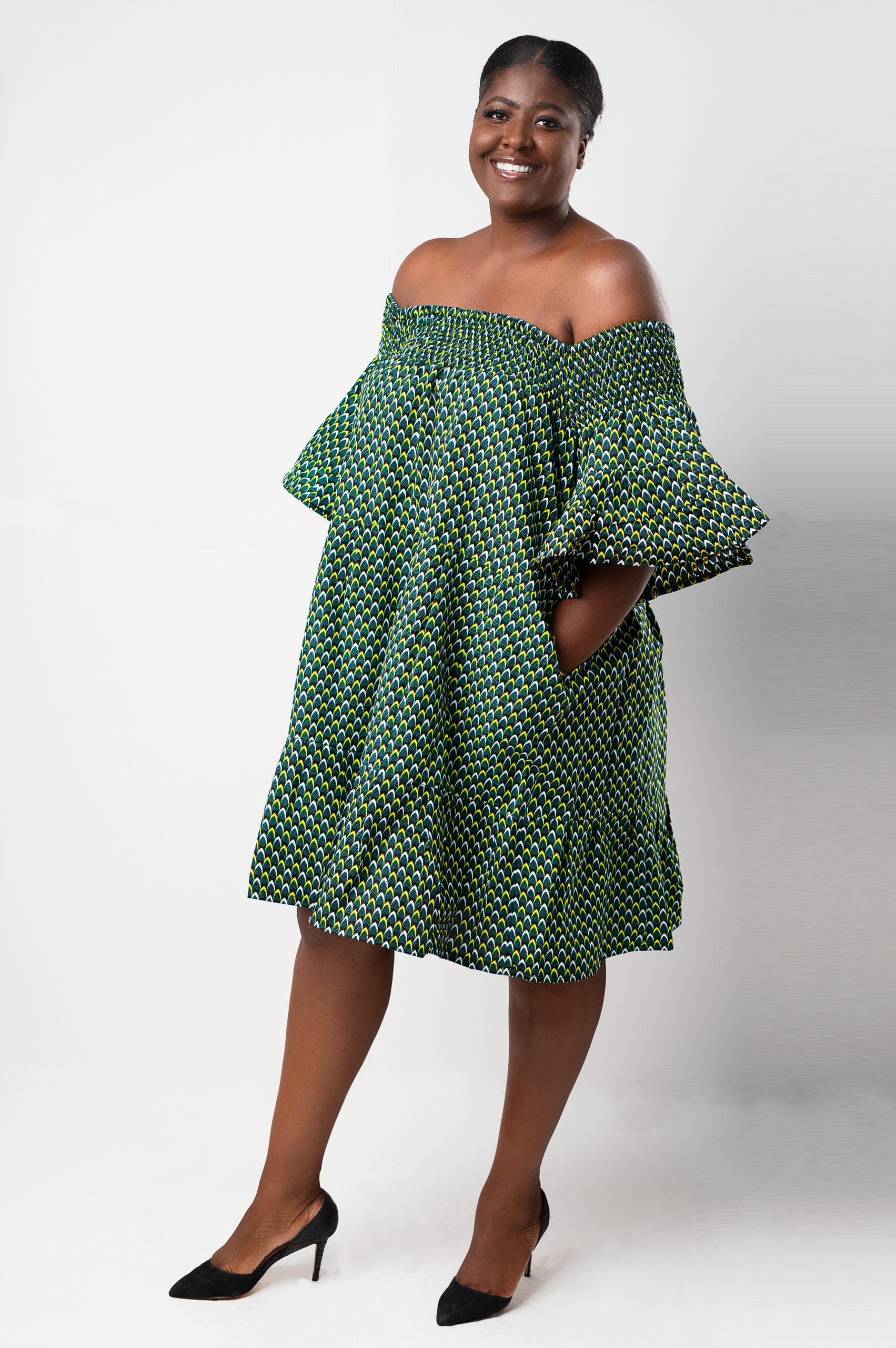 Thando African Ankara Print Bardot Midi Maxi Dress
