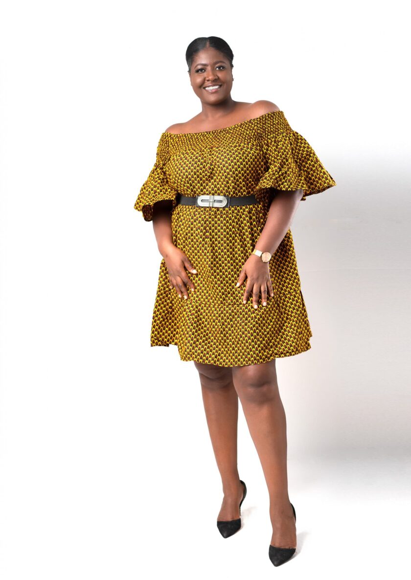 front Thando Yellow African Ankara Print Bardot Midi Maxi Dress