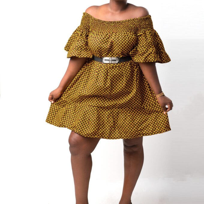 Thando Yellow African Ankara Print Bardot Midi Maxi Dress
